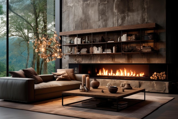 Interior of a modern loft style living room with a sofa coffee table and fireplace