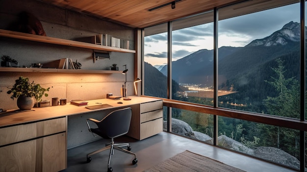 Interior of a modern loft with a panoramic view of the mountains Generative AI