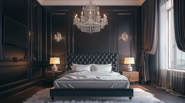 Photo the interior of a modern luxury elegant bedroom features a chandelier