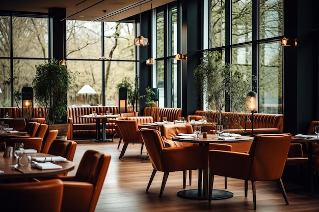 Foto interno di moderni tavoli e sedie di ristorante di lusso in una stanza vuota