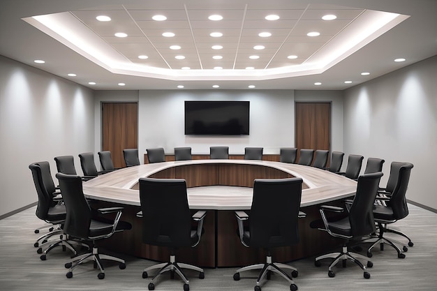 Interior of modern meeting room with white walls concrete floor and wooden conference table