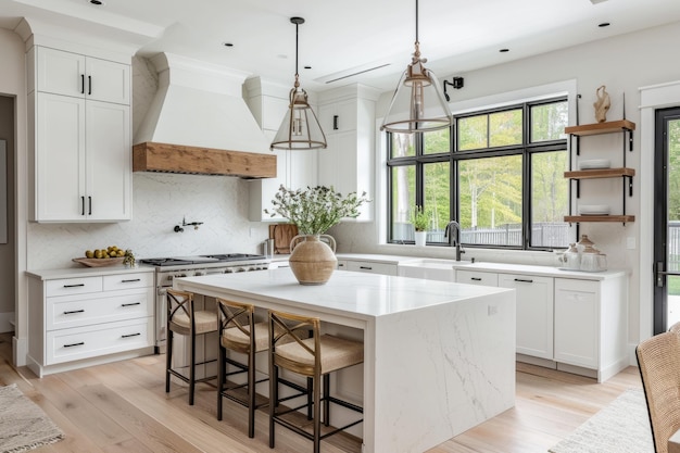 Foto interno di cucina moderna in stile country bianco minimalista facciate piatte isola di cucina con bar