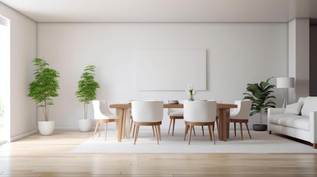 Interior of modern minimalist white living room with dining area Comfortable sofa wooden dining table with chairs house plants in pots poster template on the wall Mockup 3D rendering