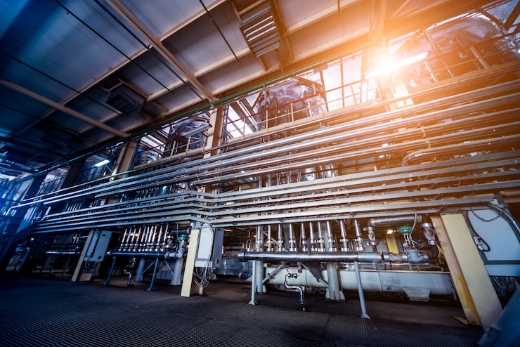 Photo interior of modern natural oil factory. the piping, pumps and motors