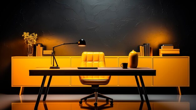 Interior of modern office in black and yellow colors Minimalist design Business concept