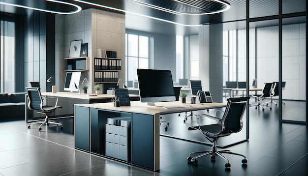 Interior of a modern office featuring a computer on a desk the scene should showcase a sleek and