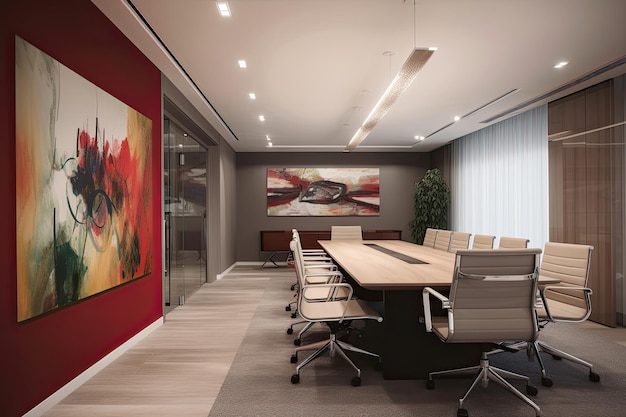 현대적인 사무실 회의실의 내부 3D 렌더링 기업 사무실 회의실 인테리어 디자인 AI 생성