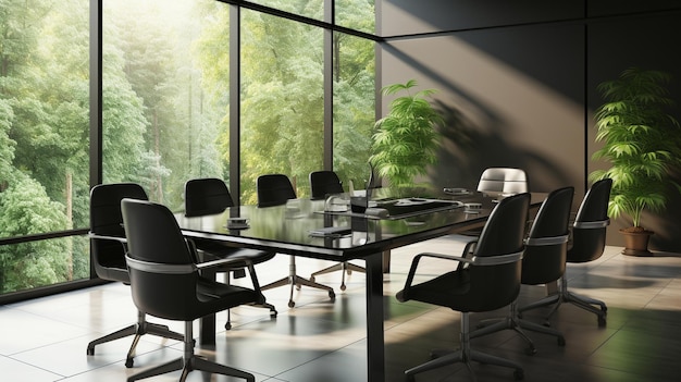 Интерьер современного офисного зала встреч черно-белый с деревянной мебелью конференц-стол