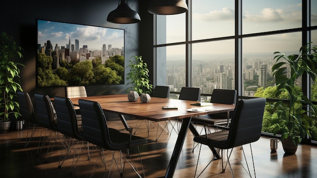 Interior of modern office meeting room black and white with wooden furniture conference table