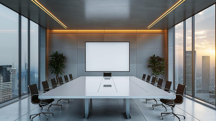 Interior of modern office meeting room with grey walls wooden floor and glass conference table with