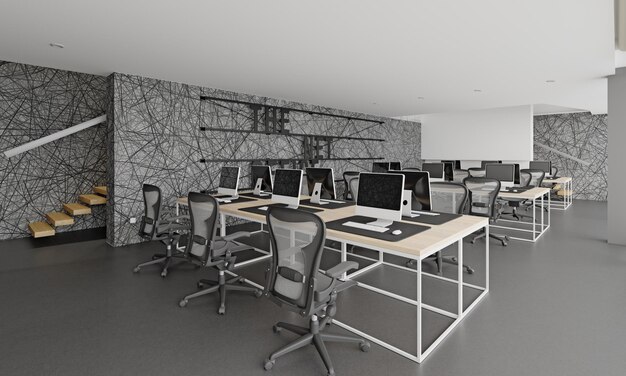 Photo interior of modern office with blue walls concrete floor