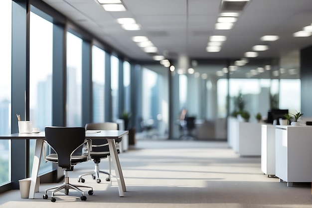 Interior of a modern office with business people working in the background Toned image double exp