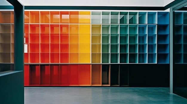 Interior of a modern office with a row of colorful shelves