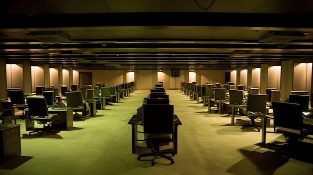 Photo interior of a modern office with rows of computer desks