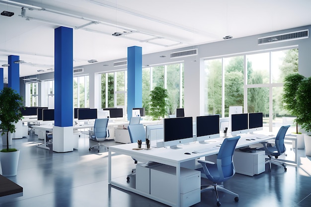 Interior of modern office with white walls concrete floor rows of white computer tables