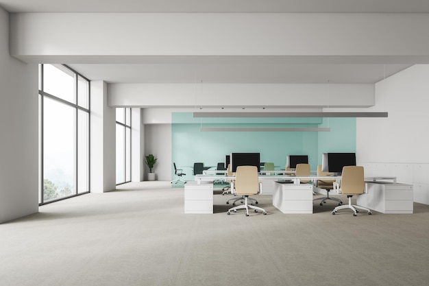 Interior of modern office with white walls, gray floor, open space area with white computer tables and beige chairs and meeting room behind glass wall. 3d rendering