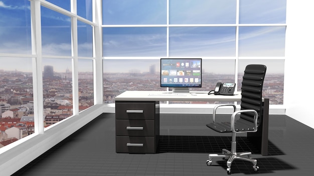 Interior of a modern office with window and cityscape view