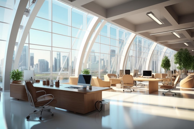 Interior of modern open space office with city view 3D Rendering Modern business office interior in a 3D rendering AI Generated