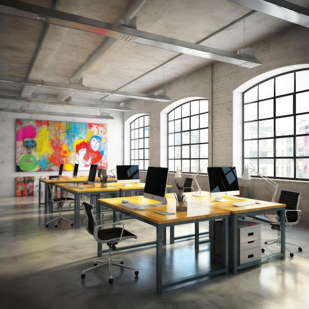 Interior of modern open space office with gray walls concrete floor and painting on the wall