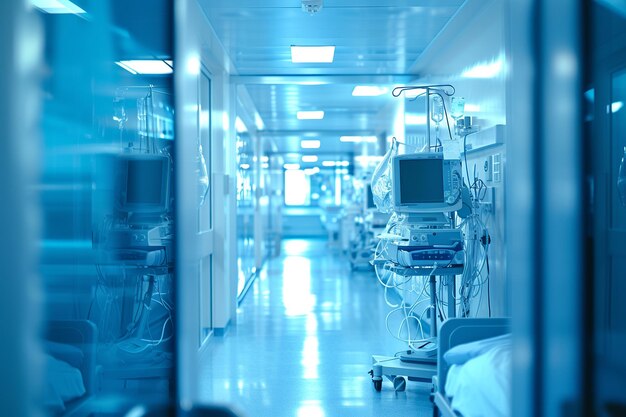 침대, 부활 및 제어 모니터가있는 현대적인 수술실 내부 도시 병원의 응급실의 집중 치료 부서 의료 정밀 장비 복사 공간