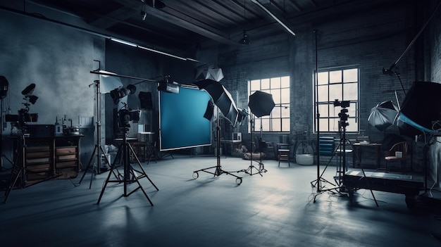 Interior of modern photo studio with professional equipment Generative Ai