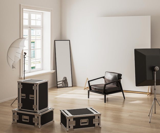 Interior of modern photo studio with professional lightning equipment room with winow and armchair fotostudio 3d render