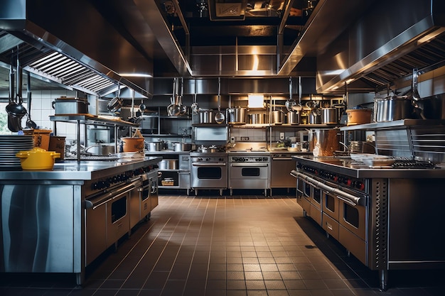 Interior of modern restaurant hotel kitchen with stainless steel appliances