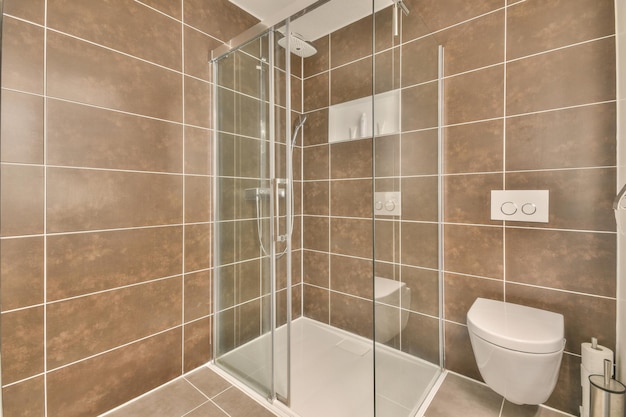 Interior of modern restroom with bathtub