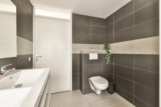 Interior of modern restroom with bathtub