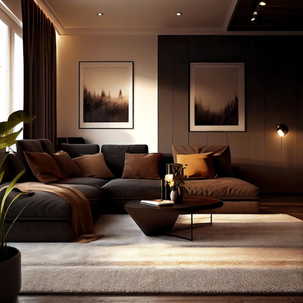 Interior of modern room in dark colors with cozy beige carpet