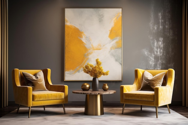 The interior of a modern room a study with yellow armchairs and frames with paintings on the wall