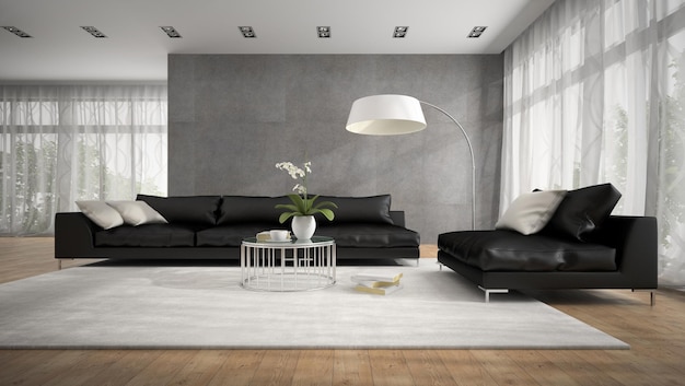Интерьер современной комнаты с черным диваном 3D рендеринга