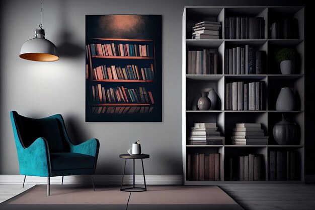 Interior of modern room with bookcase pouf and lamp Generative Ai