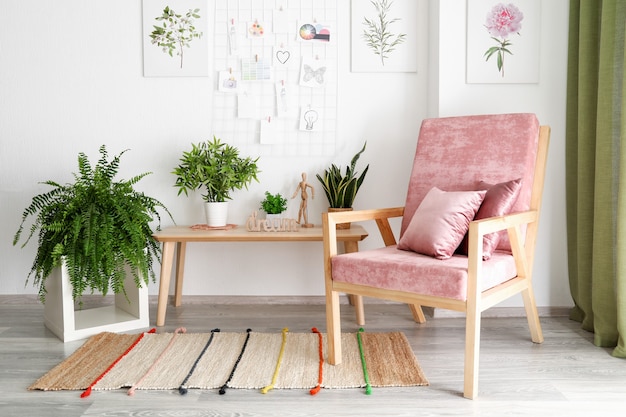 Interior of modern room with green houseplants