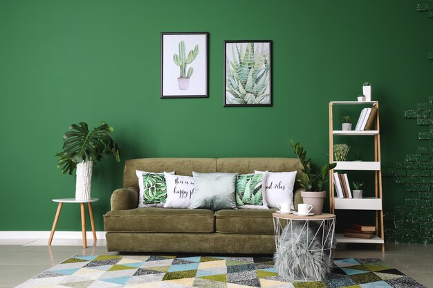 Photo interior of modern room with green wall