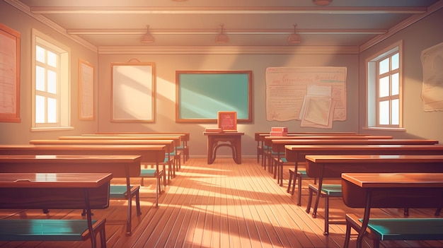 interior of modern school classroom with empty chairs and books in the classroom