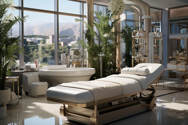 Interior of modern spa room with bathtub and massage table