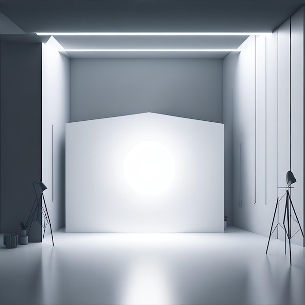 Interior of modern studio with empty white wall and lighting equipment 3d render