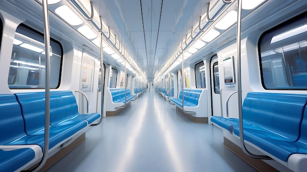 파란색 좌석을 가진 현대 지하철의 내부 3D 렌더링