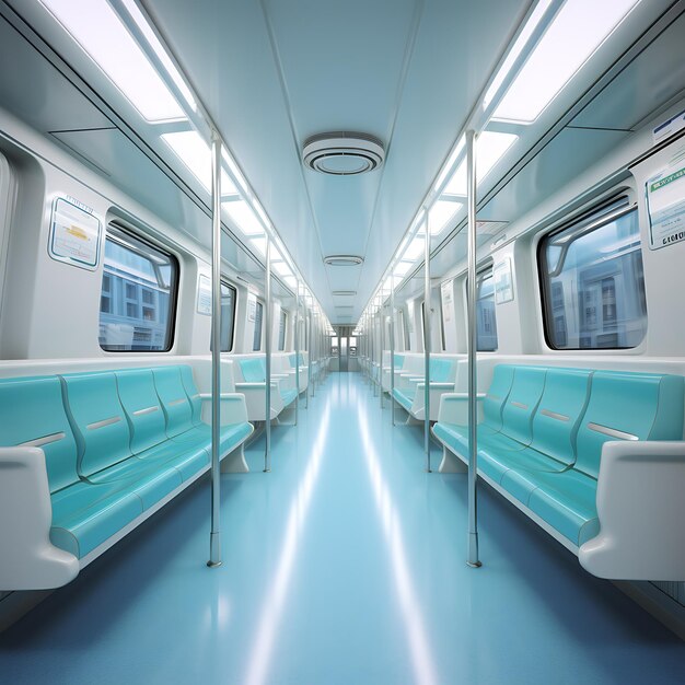 Interior of modern subway train with blue seats 3D rendering