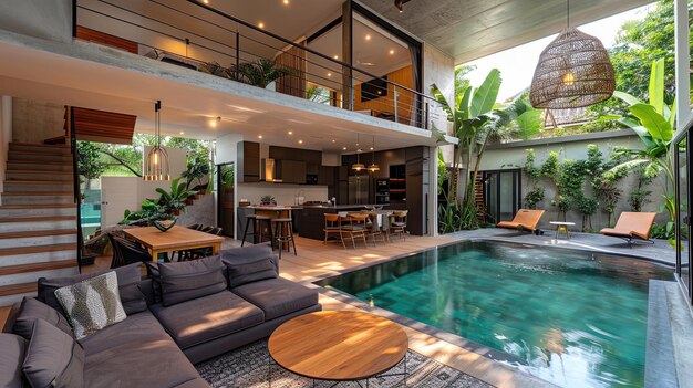 interior of a modern villa with swimming pool and lounge area