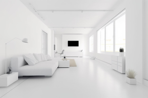 Photo interior modern wall studio couch chair lcd white 3d contemporary architecture dining panoramic generative ai