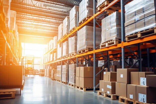 Interior of a modern warehouse Large space for storing and moving goods Logistics Blurred background The sun's rays fall through the windows into the warehouse