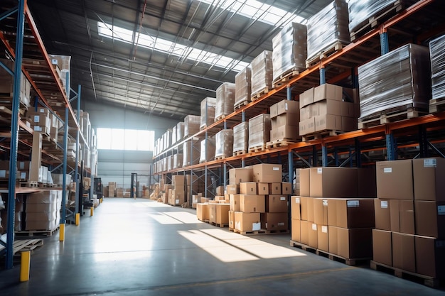 現代の倉庫の内部 商品を保管および移動するための広いスペース 現代世界の物流貿易