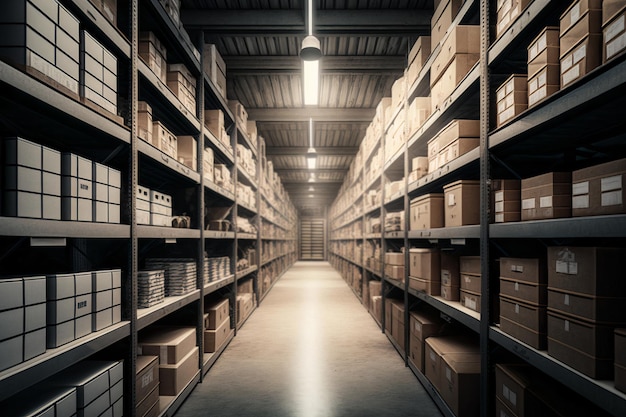 Interior of a modern warehouse with shelves and products and goods