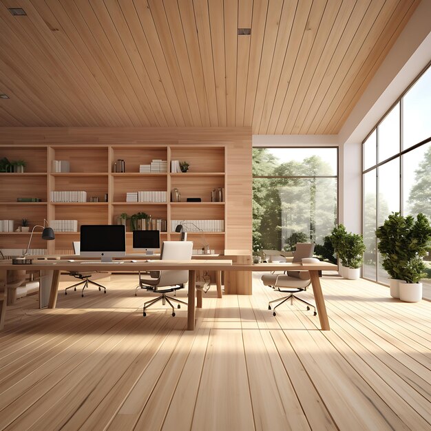 Interior of modern wooden office with wooden walls wooden floor and rows of computer tables