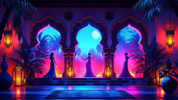 Interior of Moroccan Bazaar Room With Dancing Belly Dancers and Architec VR Concept Idea Neon Glow