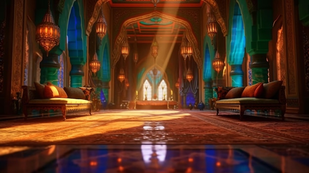 The interior of a mosque with a blue and green carpet and a lamp on the floor.