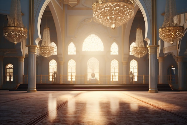 Interior of a mosques prayer hall with a large Generative ai