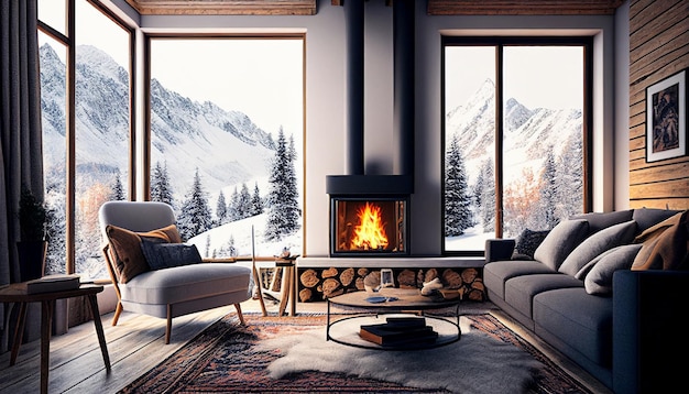Interior of a mountain challet living room with a fireplace in the winter snowy landscape view from the windows Generative AI